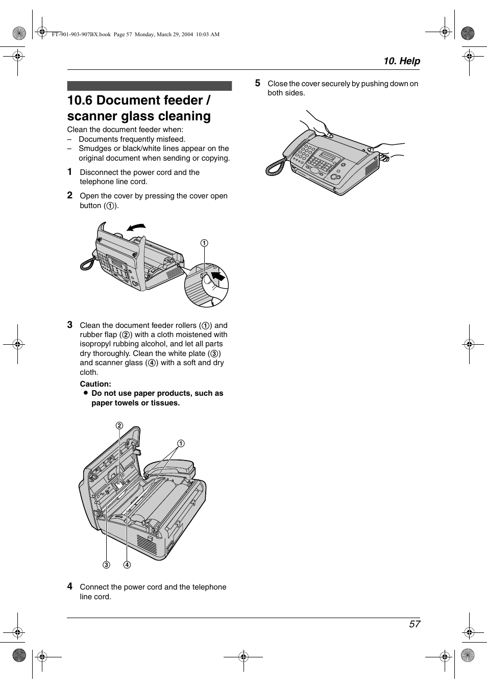 6 document feeder / scanner glass cleaning, Cleaning, Document feeder / scanner glass | 6 document feeder / scanner glass cleaning | Panasonic KX-FT901BX User Manual | Page 57 / 64