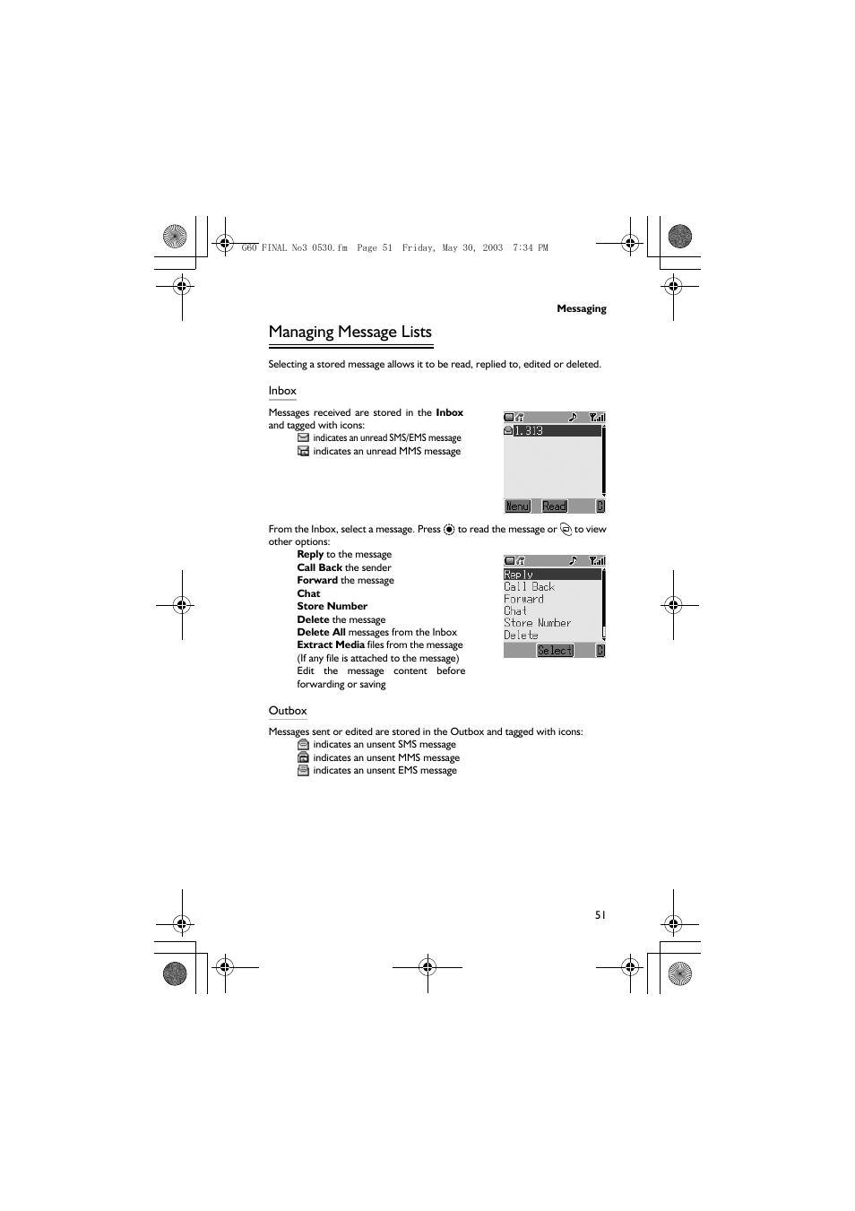 Managing message lists | Panasonic EB-G60 User Manual | Page 62 / 111