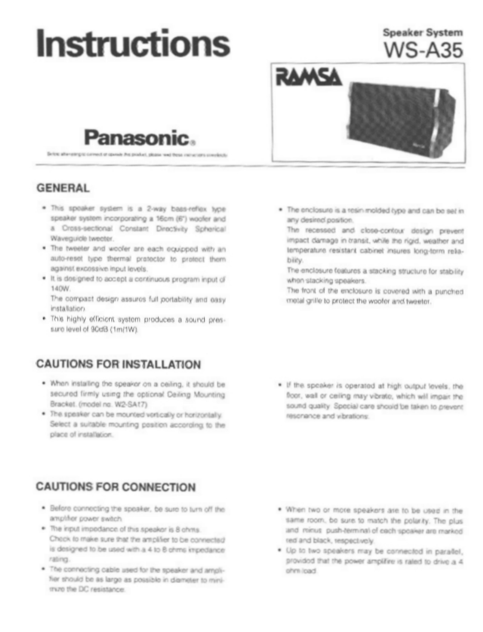 Panasonic RAMSA WS-A35 User Manual | 4 pages