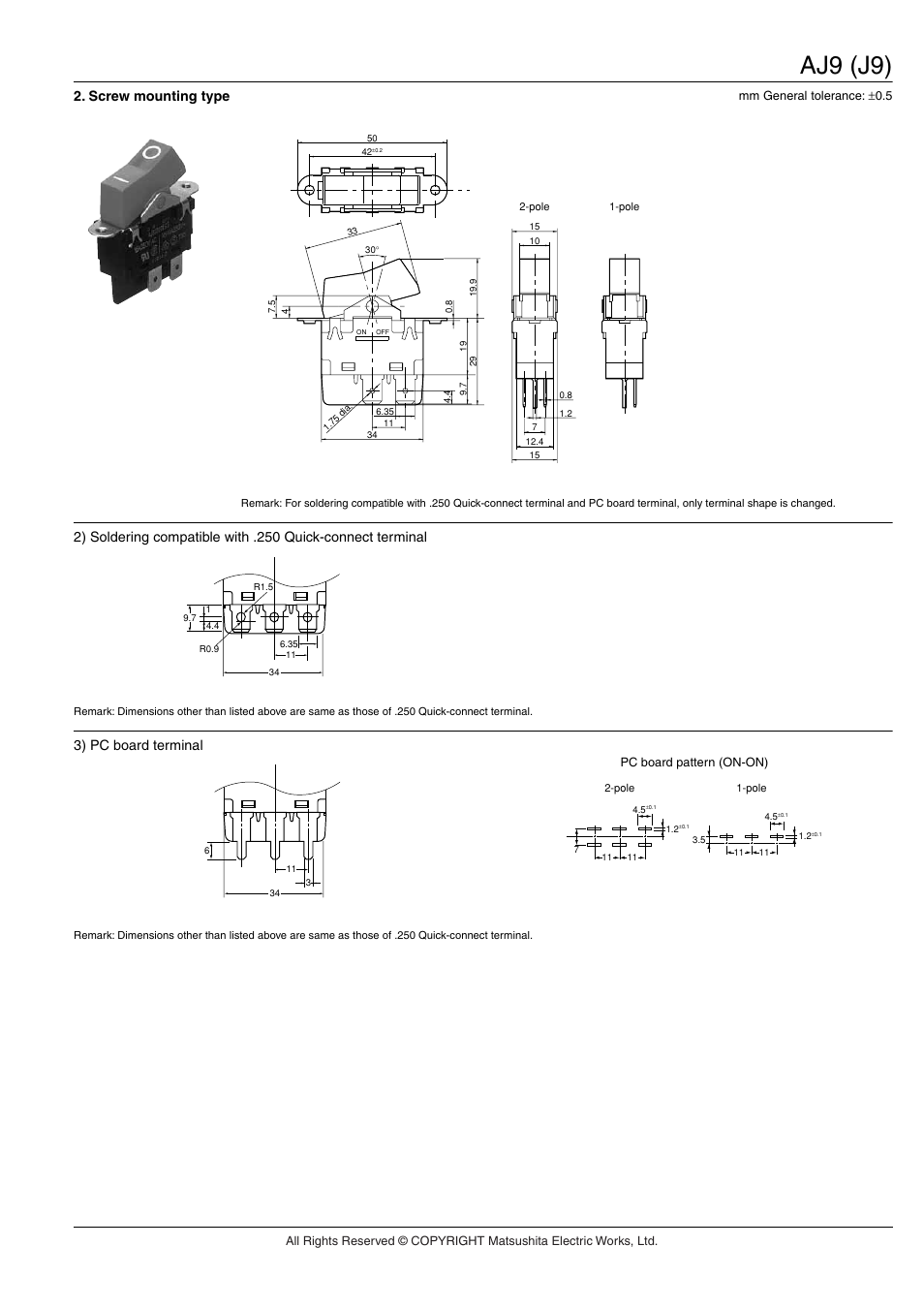 Aj9 (j9), Screw mounting type, 3) pc board terminal | Panasonic AJ9 (J9) User Manual | Page 5 / 6