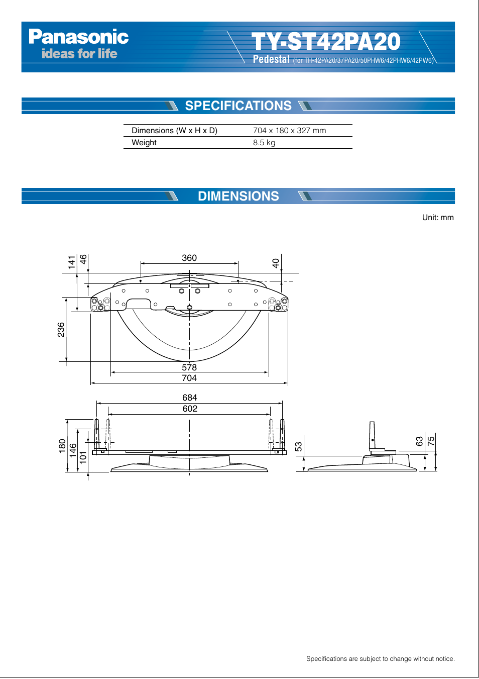 Panasonic Pedestal Stand TY-ST42PA20 User Manual | 1 page