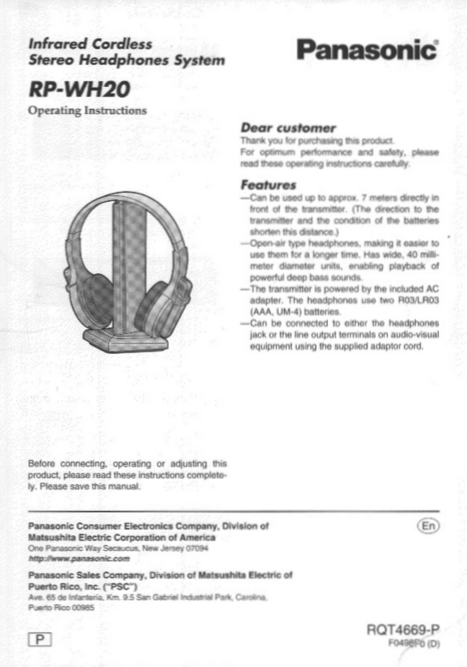 Panasonic RP WH20 User Manual | 8 pages