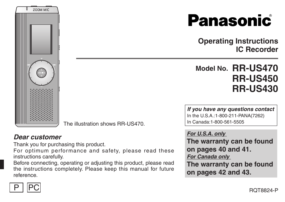 Panasonic RR-US430 User Manual | 44 pages