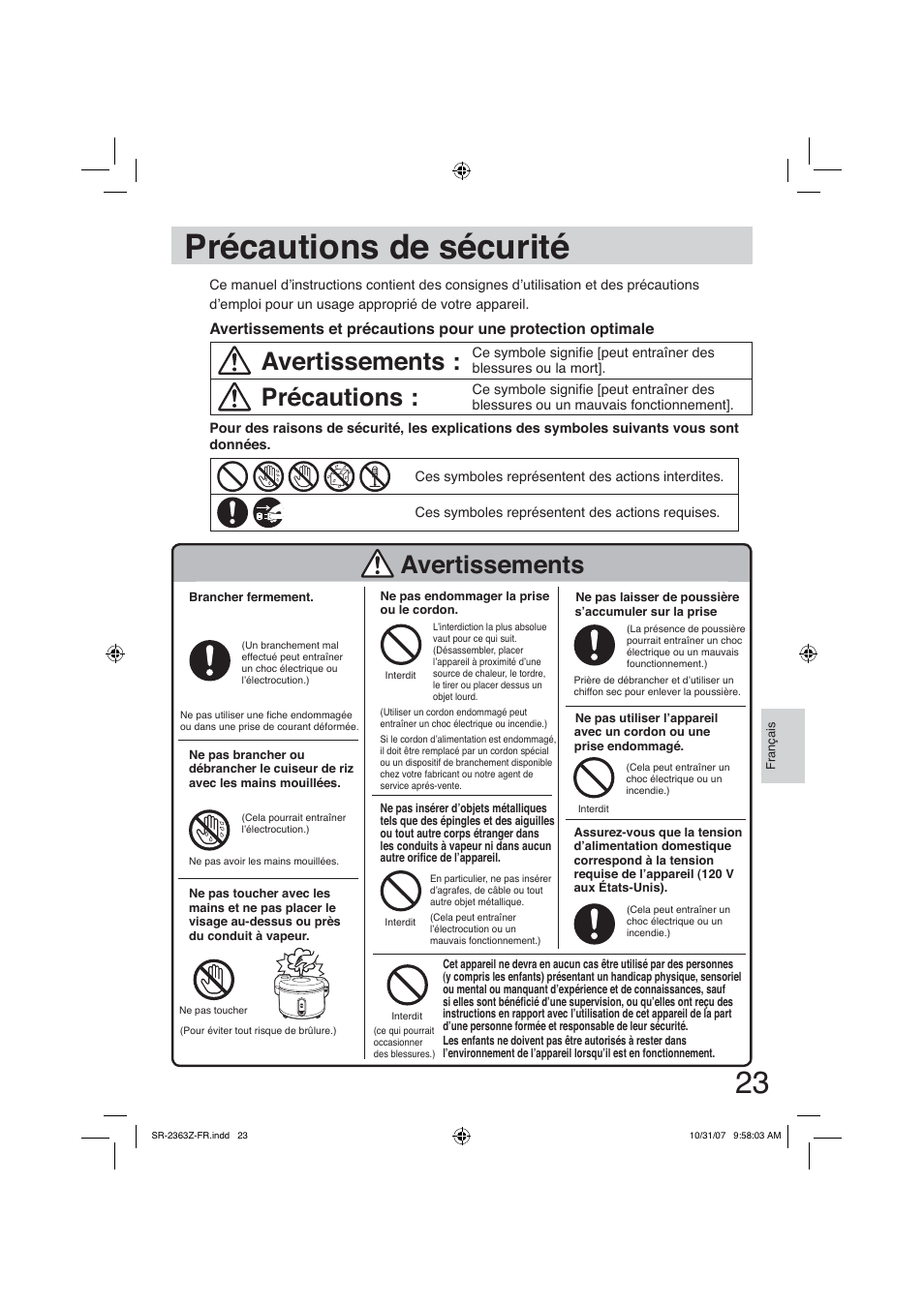 Précautions de sécurité, Avertissements, Précautions | Panasonic SR2363Z User Manual | Page 23 / 63