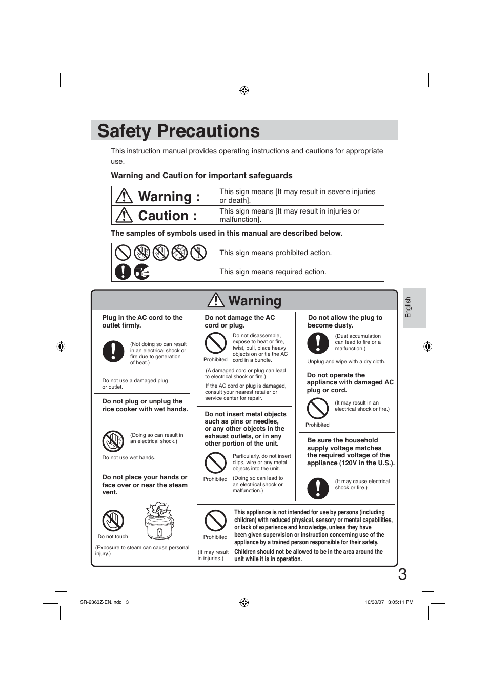 Safety precautions, Warning, Caution | Panasonic SR2363Z User Manual | Page 3 / 63