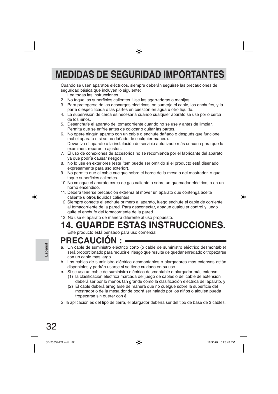 Medidas de seguridad importantes, Guarde estas instrucciones, Precaución | Panasonic SR2363Z User Manual | Page 32 / 63