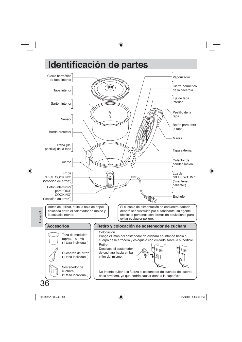 Identificación de partes, Identià cación de partes | Panasonic SR2363Z User Manual | Page 36 / 63