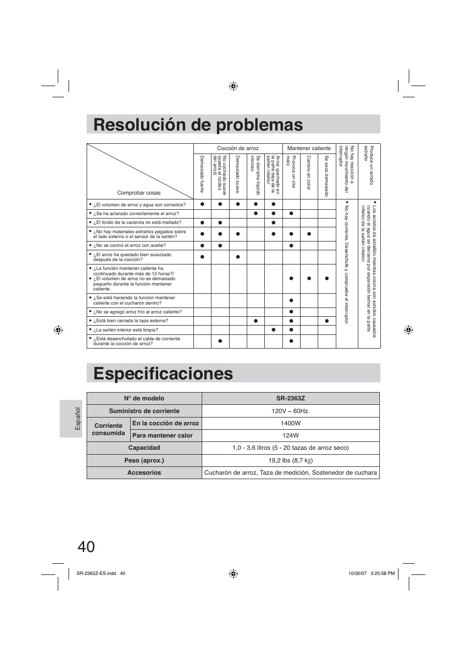 Resolución de problemas, Especiificaciones, Especià caciones | Panasonic SR2363Z User Manual | Page 40 / 63