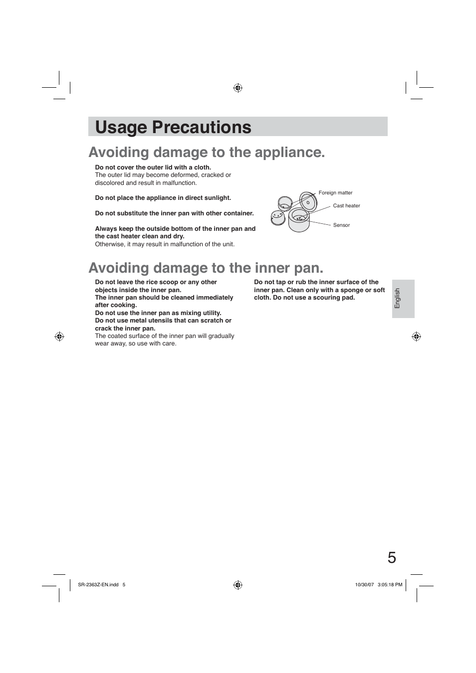Usage precautions | Panasonic SR2363Z User Manual | Page 5 / 63