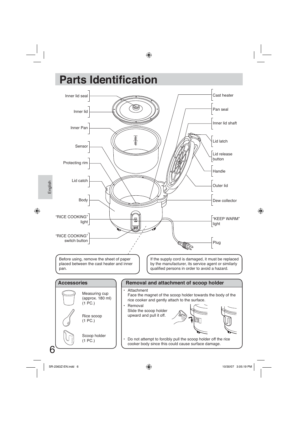 Parts identification, Parts identià cation | Panasonic SR2363Z User Manual | Page 6 / 63