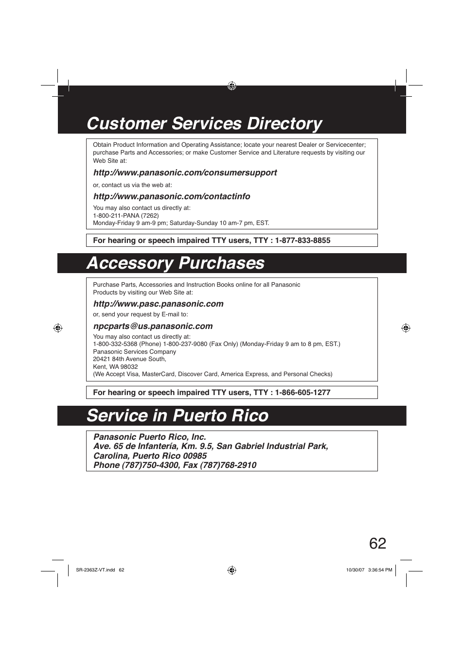 Customer service directory | Panasonic SR2363Z User Manual | Page 62 / 63