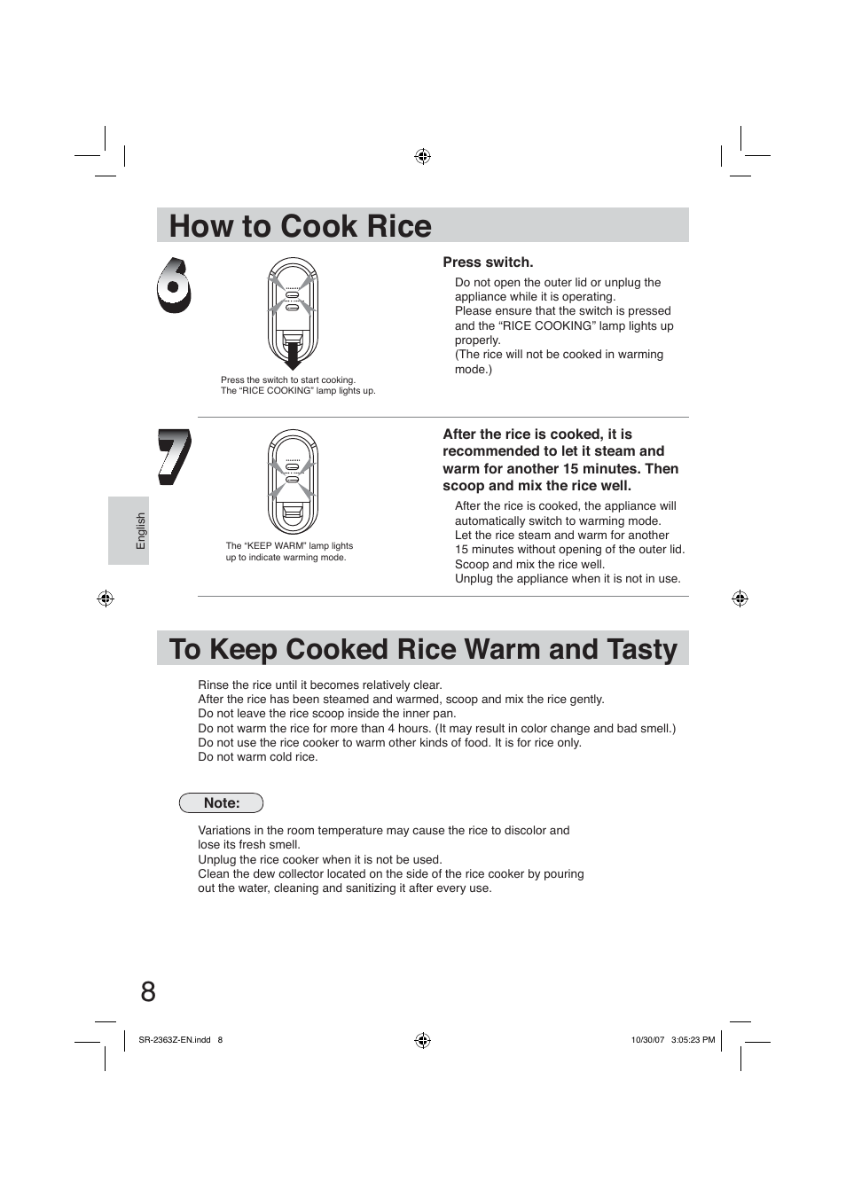 To keep cooked rice warmand tasty, How to cook rice | Panasonic SR2363Z User Manual | Page 8 / 63