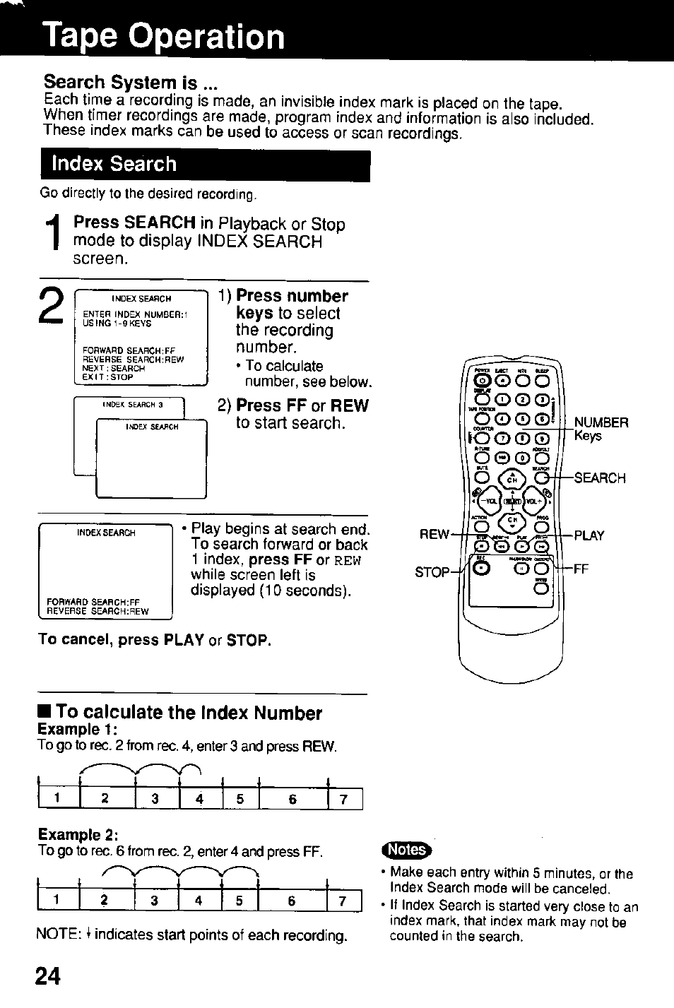 Tape operation, To cancel, press play or stop, Example 2 | Search system is, Index search | Panasonic Combinatin VCR AG-513E User Manual | Page 24 / 40