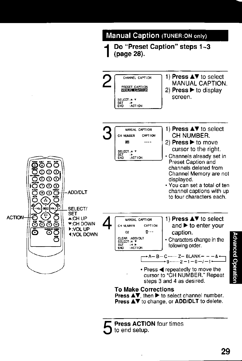 To make corrections, Manual caption | Panasonic Combinatin VCR AG-513E User Manual | Page 29 / 40