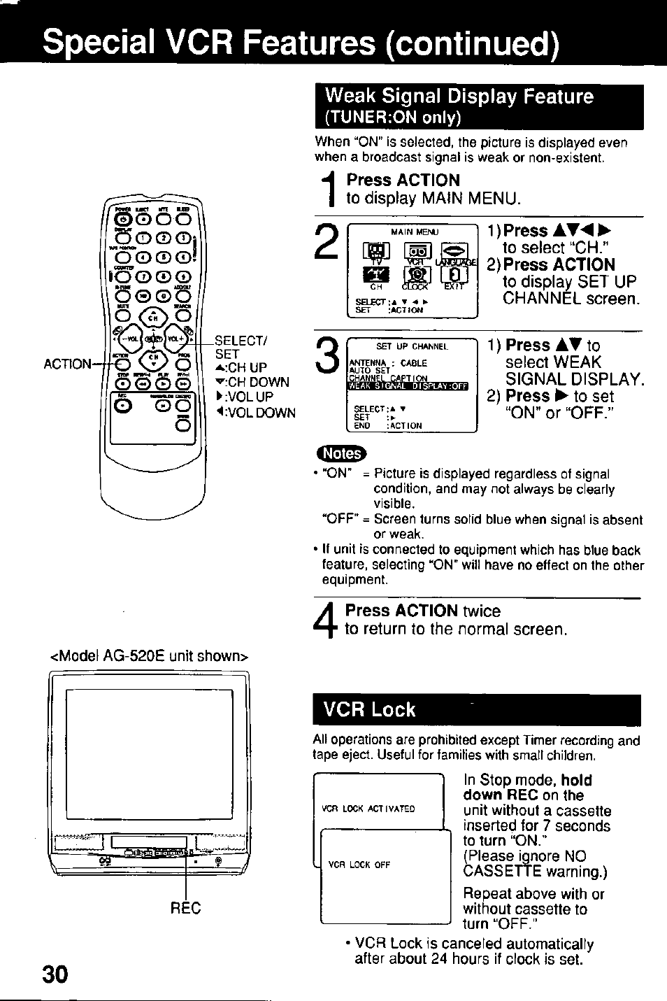 Special vcr features (continued), Cd o o, 9x<s>o | Weak signal display feature, Tuner:on only), Press action, To display main menu, 1) press, To select “ch, 2) press action | Panasonic Combinatin VCR AG-513E User Manual | Page 30 / 40