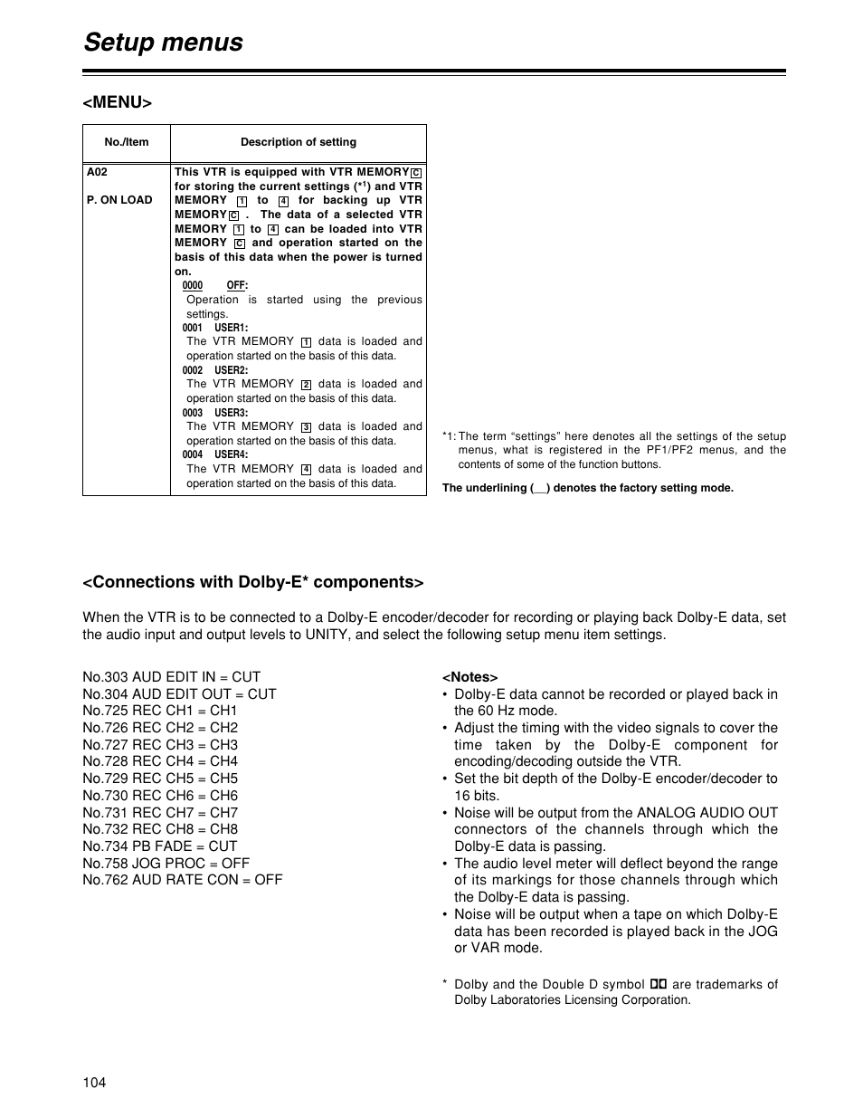 Setup menus, Menu, Connections with dolby-e* components | Panasonic HD1700pe User Manual | Page 104 / 134