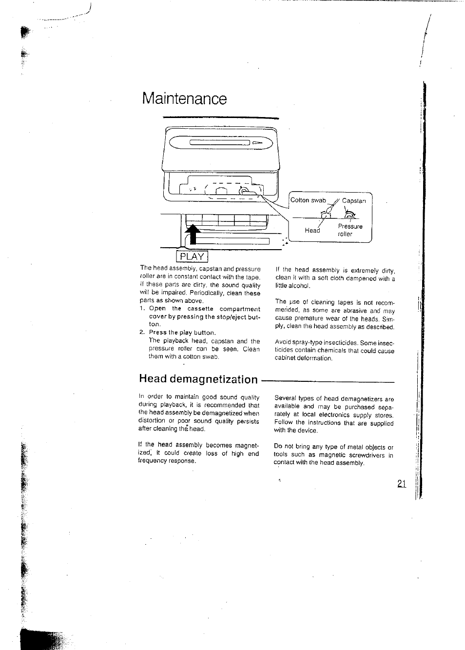 Maintenance, Head demagnetization | Panasonic RCX160 User Manual | Page 21 / 23