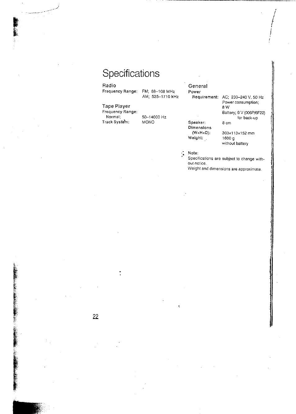 Specifications | Panasonic RCX160 User Manual | Page 22 / 23