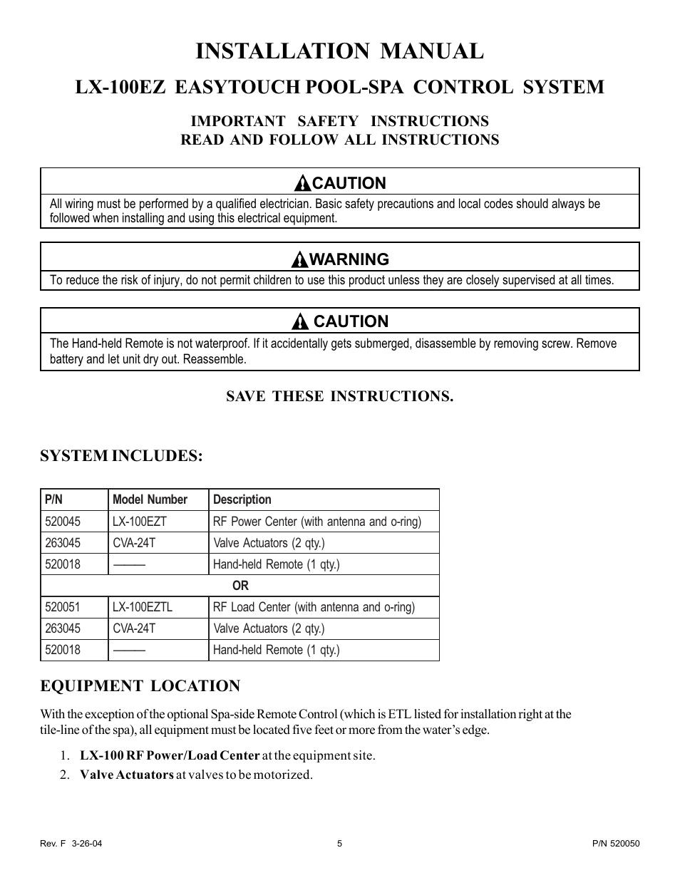 Installation manual, Lx-100ez easytouch pool-spa control system, Caution | Warning, System includes: equipment location | Pentair EasyTouch Pool/Spa Control System LX-100EZ User Manual | Page 5 / 32
