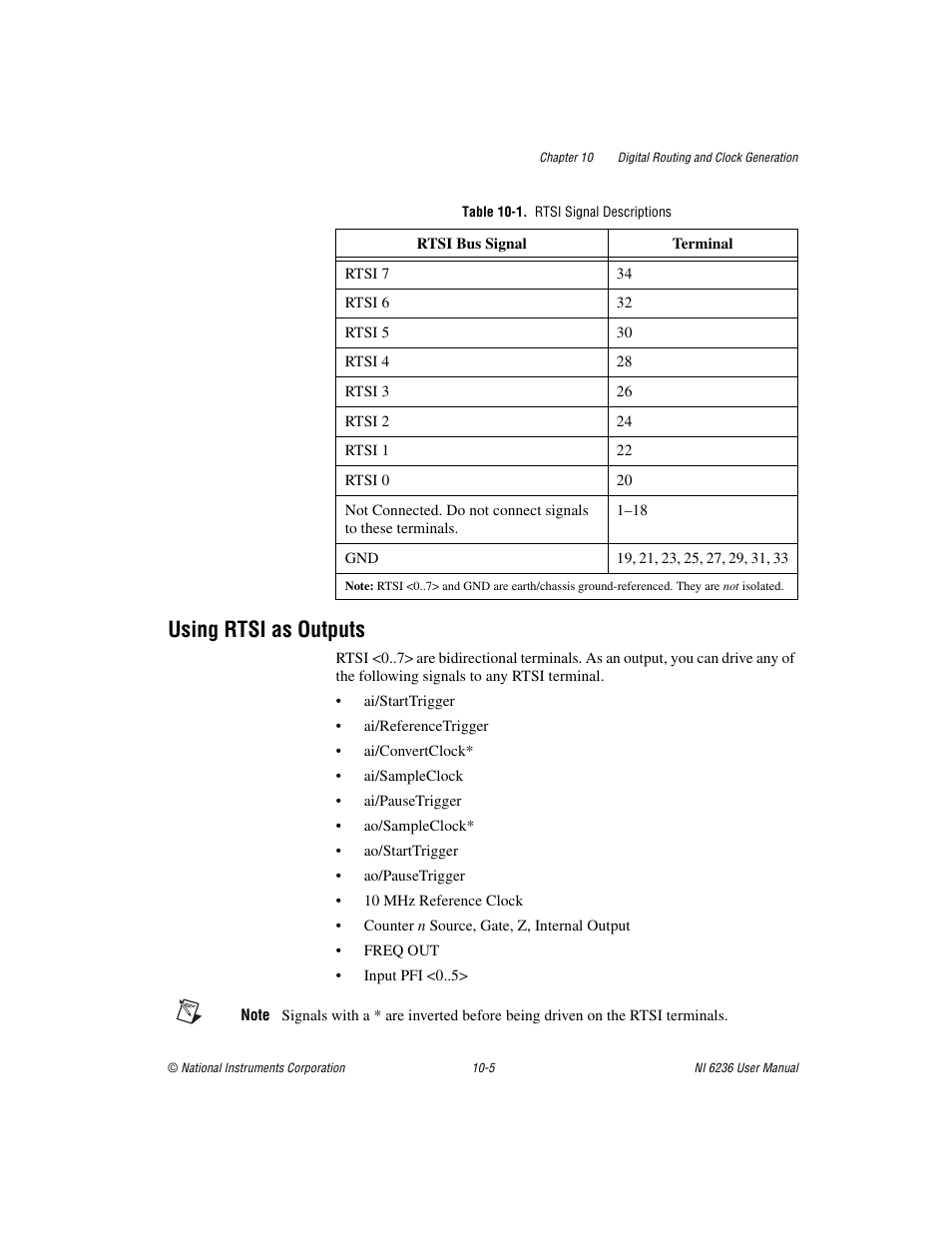 Table 10-1. rtsi signal descriptions, Using rtsi as outputs, Using rtsi as outputs -5 | National Instruments DAQ M Series User Manual | Page 114 / 162