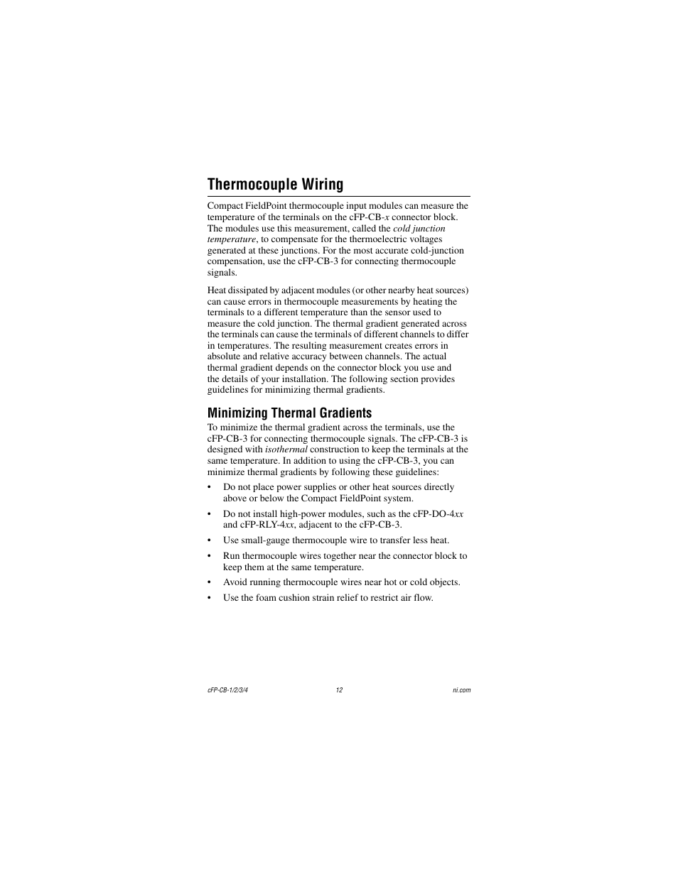 Thermocouple wiring, Minimizing thermal gradients | National Instruments CFP-CB-3 User Manual | Page 12 / 20