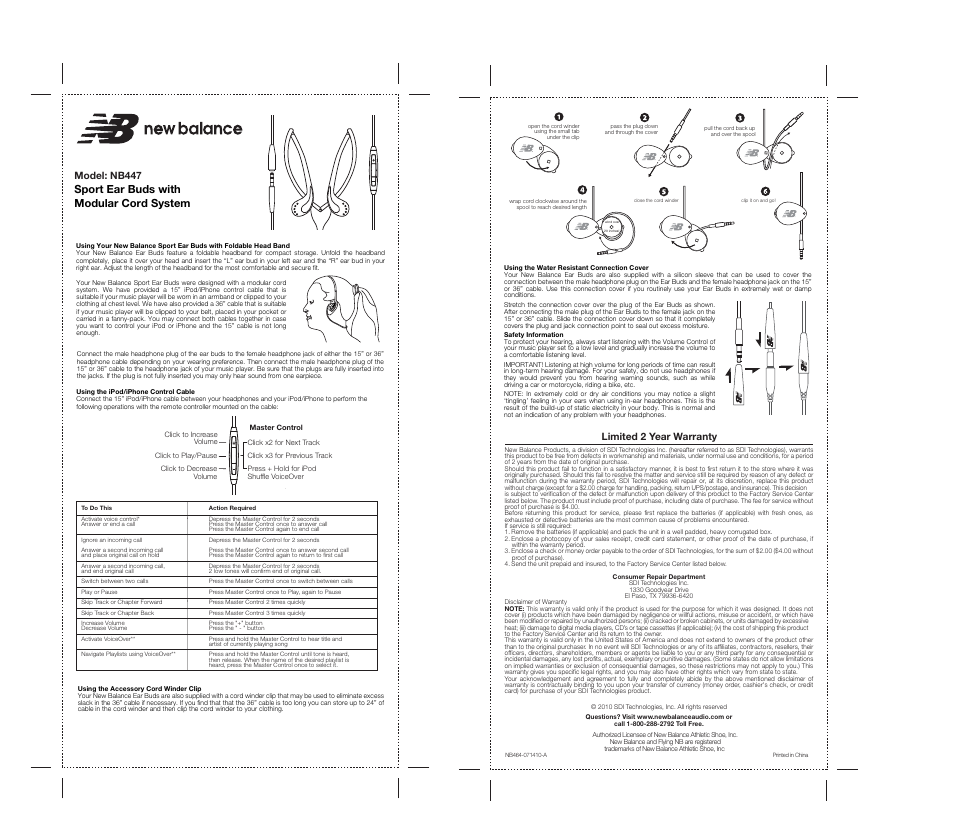 New Balance SPORT EAR BUDS NB447 User Manual | 2 pages