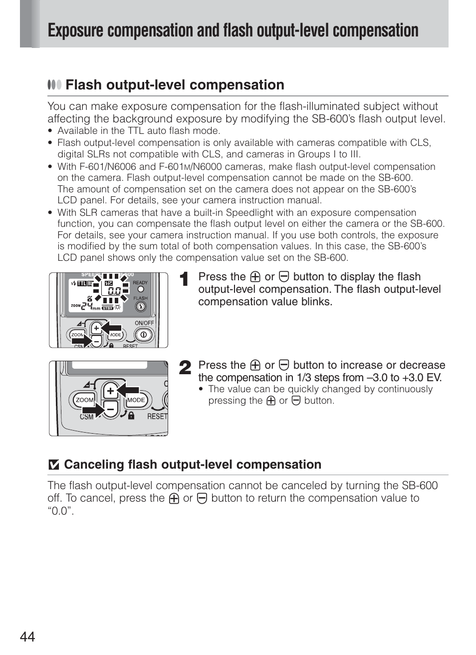 Flash output-level compensation | Nikon Speedlight SB-600 User Manual | Page 44 / 92