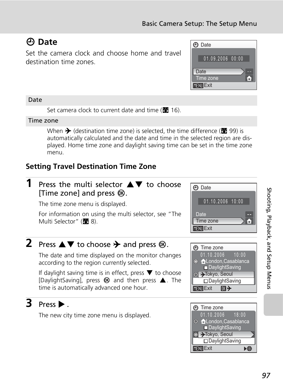 Wdate, Setting travel destination time zone, Press gh to choose y and press d | Press j | Nikon COOLPIX S9 User Manual | Page 109 / 142