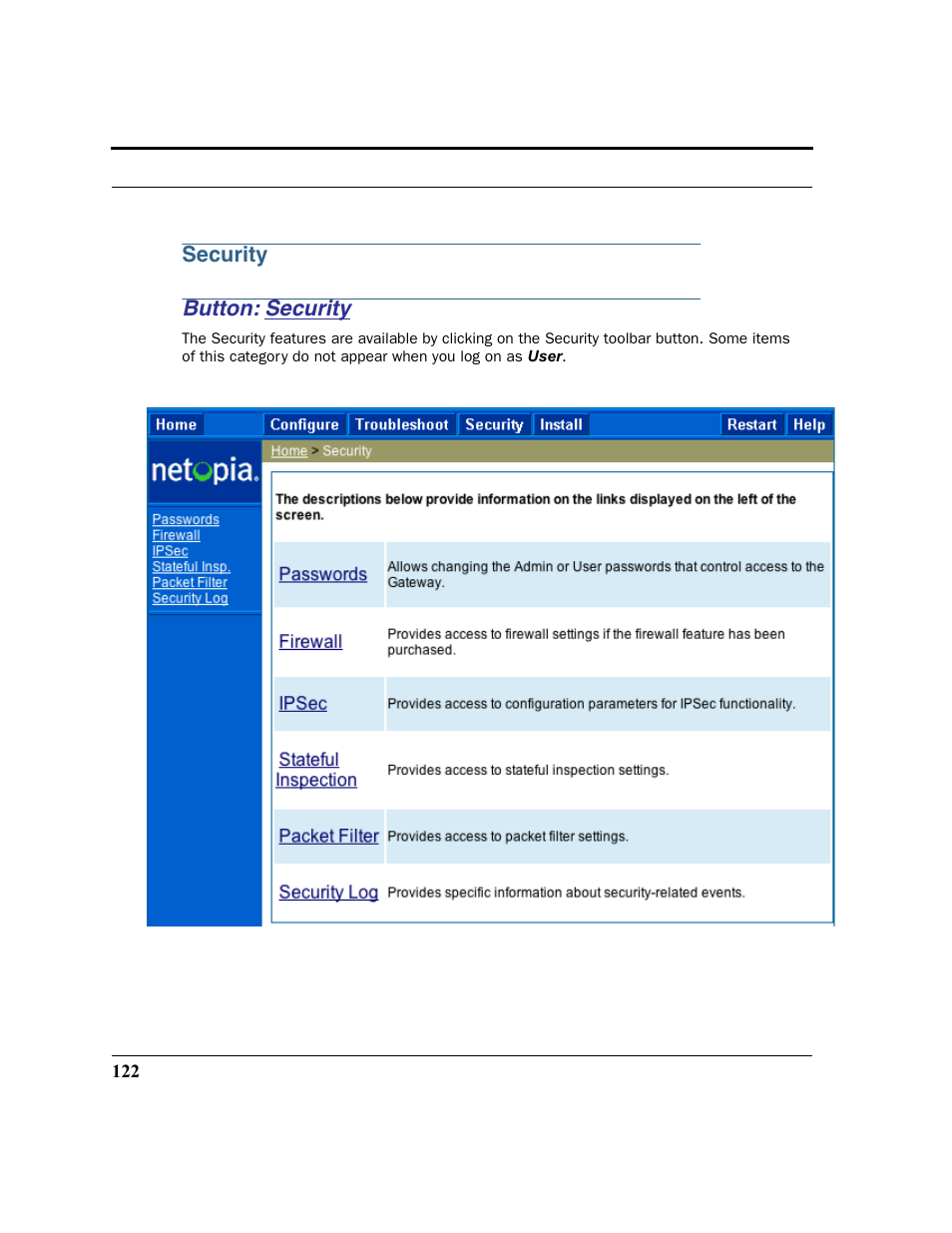 Security, Button: security | Netopia 2200 User Manual | Page 122 / 351