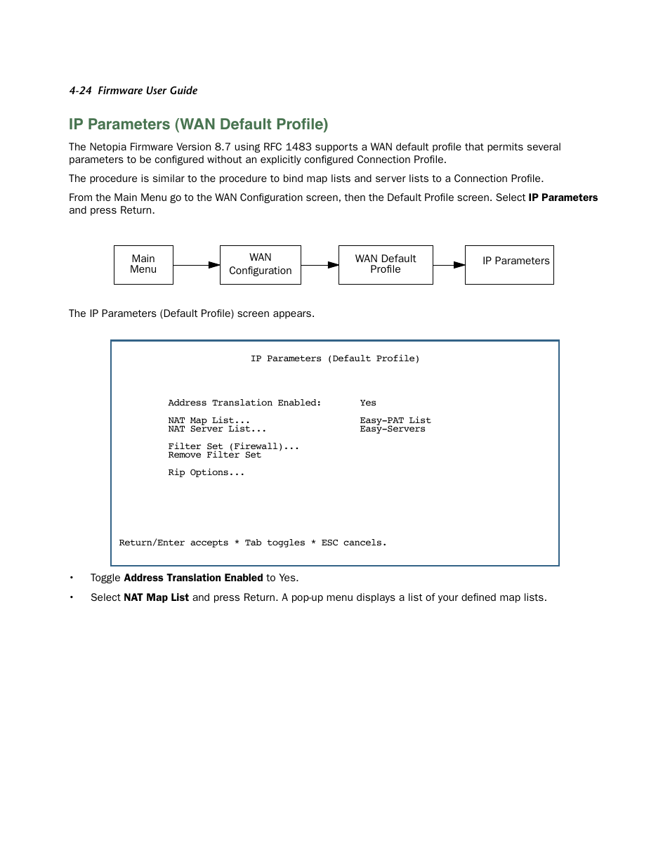 Ip parameters (wan default profile), Ip parameters (wan default profile) -24, Een (see | Of the default pr, Ip parameters (wan default proﬁle) | Netopia 3300 User Manual | Page 120 / 334
