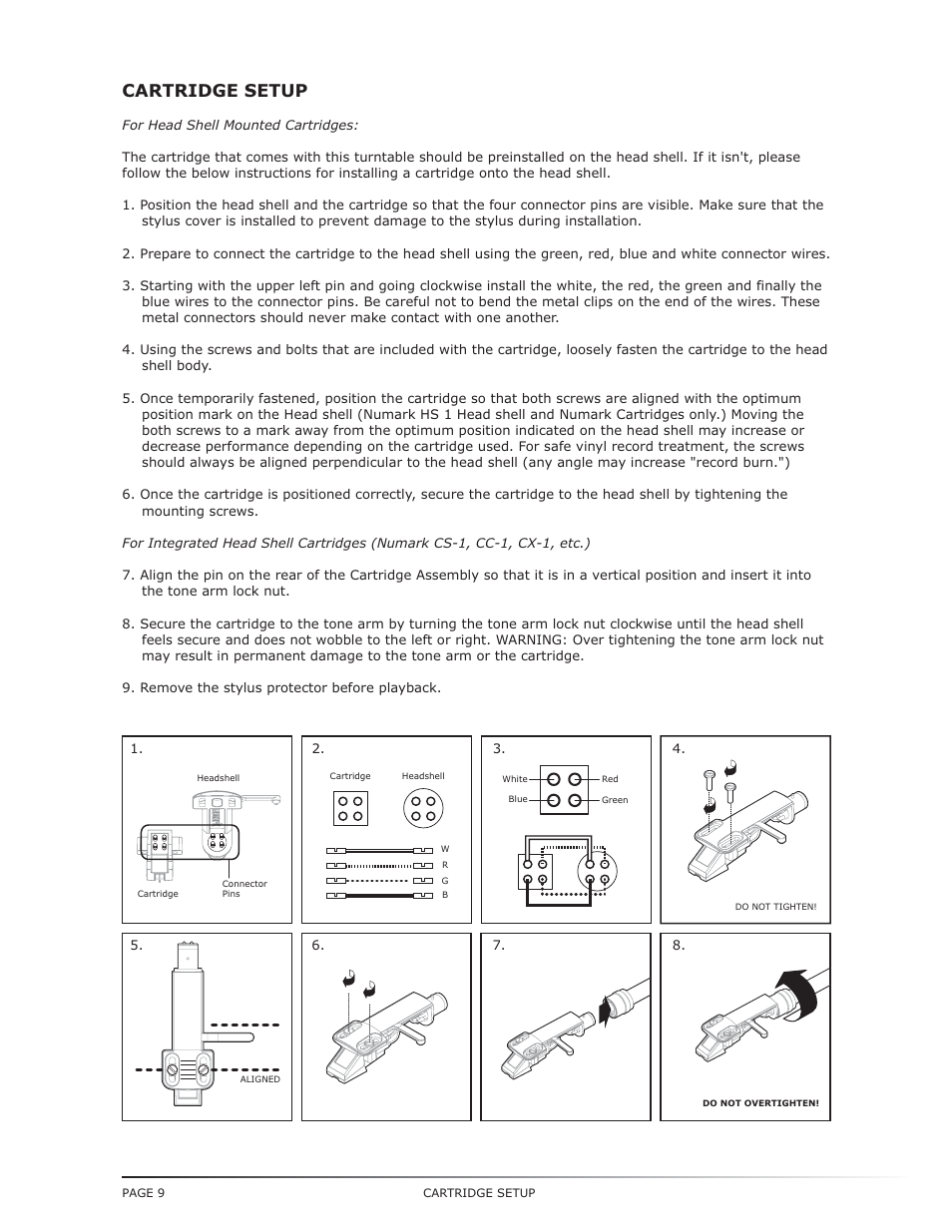 Cartridge setup | Numark Industries TT-1650 User Manual | Page 10 / 16