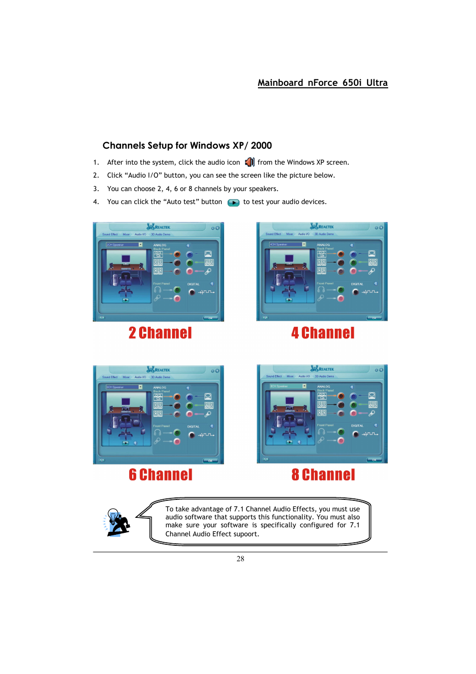 Mainboard nforce 650i ultra, Channels setup for windows xp/ 2000 | Nvidia NFORCE 650I User Manual | Page 32 / 70