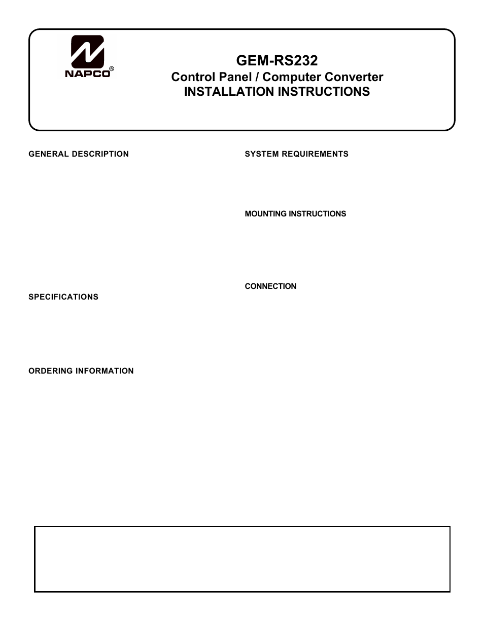 Napco Security Technologies GEM-RS232 User Manual | 2 pages