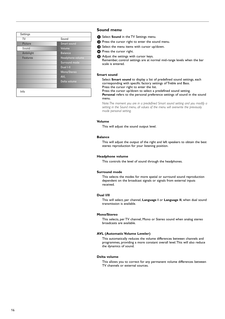 Sound menu | New Transducers 37PF9830/10 User Manual | Page 16 / 42
