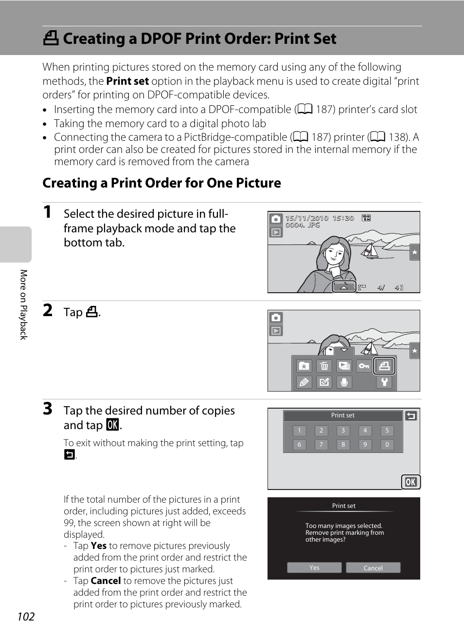 Creating a dpof print order: print set, Creating a print order for one picture, A creating a dpof print order: print set | Tap a, Tap the desired number of copies and tap i | Nortel Networks COOLPIX S80 User Manual | Page 114 / 204