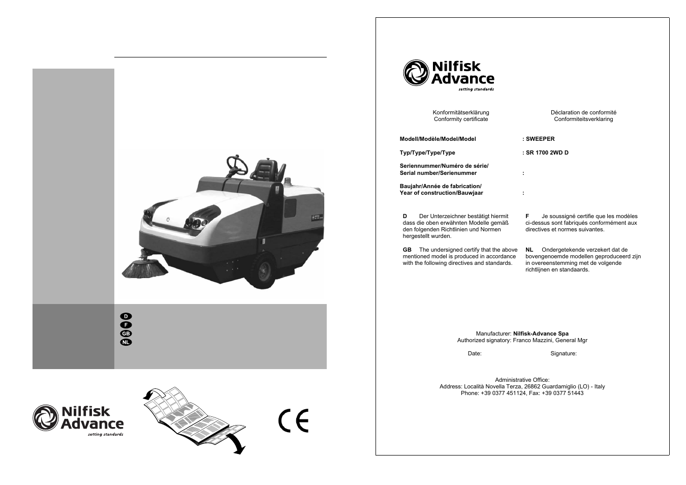 Nilfisk-Advance America Sweeper SR 1700D 2W D User Manual | 84 pages