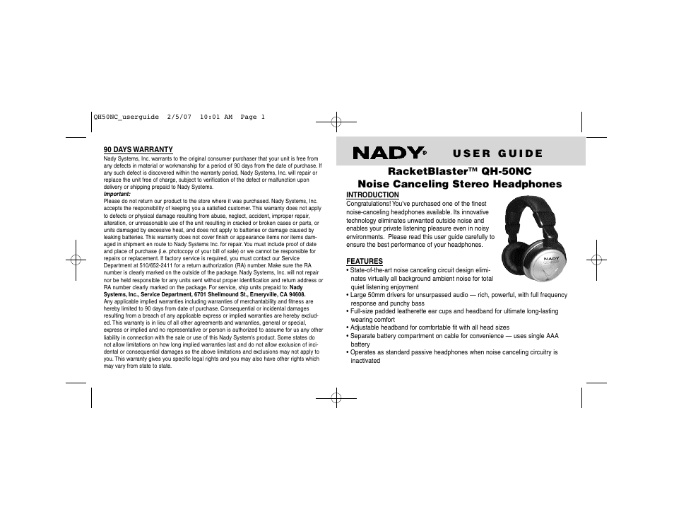 Nady Systems Nady RacketBlaster QH50NC User Manual | 2 pages