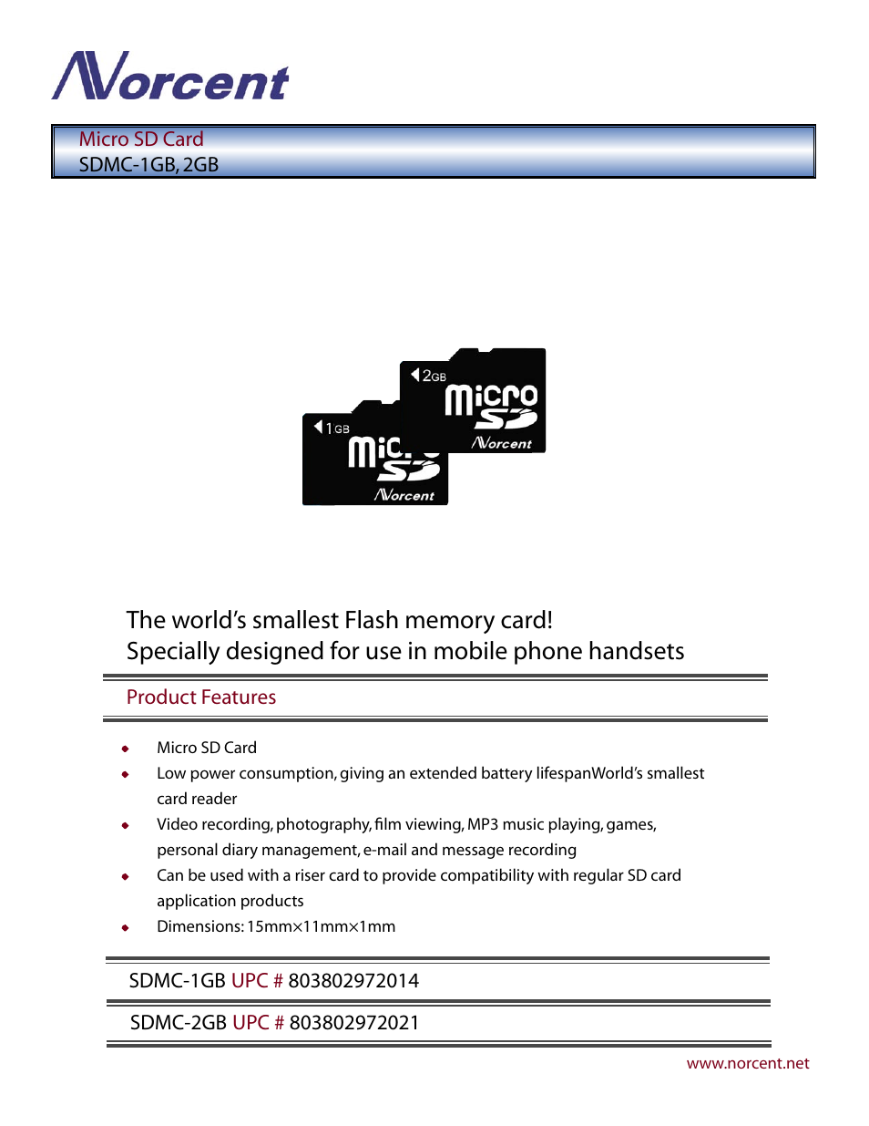 Norcent Technologies SDMC-2GB UPC # 803802972021 User Manual | 1 page