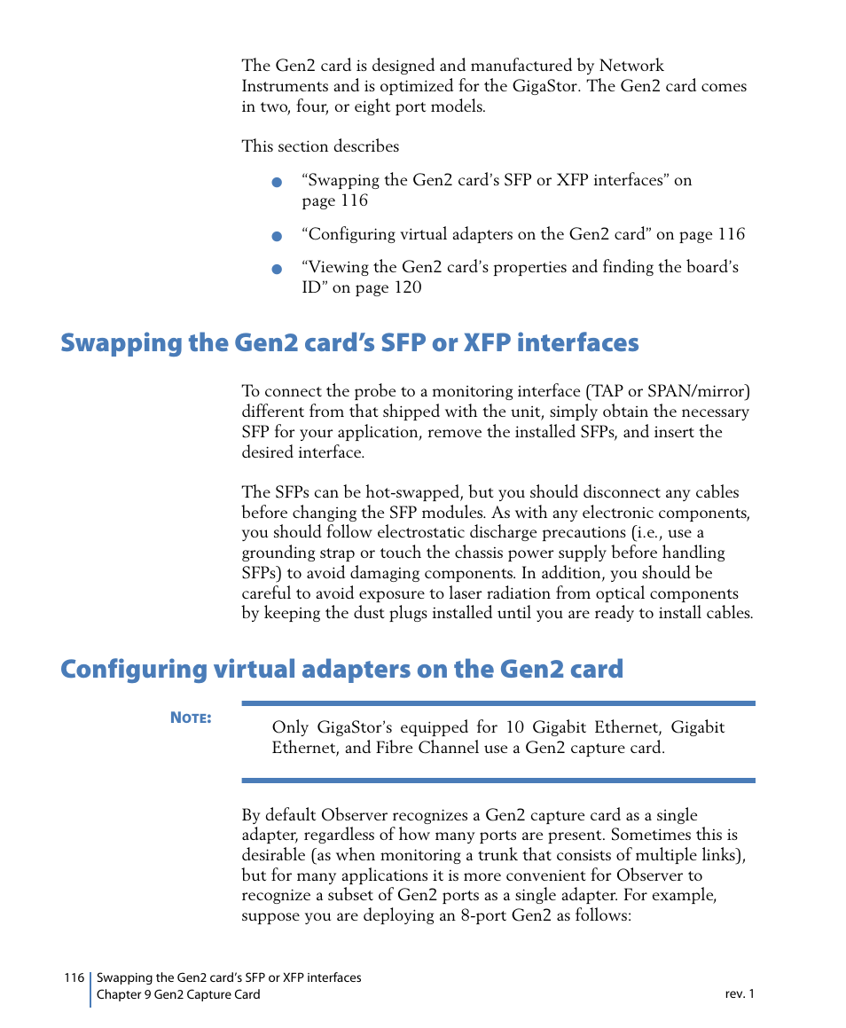 Swapping the gen2 card’s sfp or xfp interfaces, Configuring virtual adapters on the gen2 card | Network Instruments GigaStor 114ff User Manual | Page 116 / 146