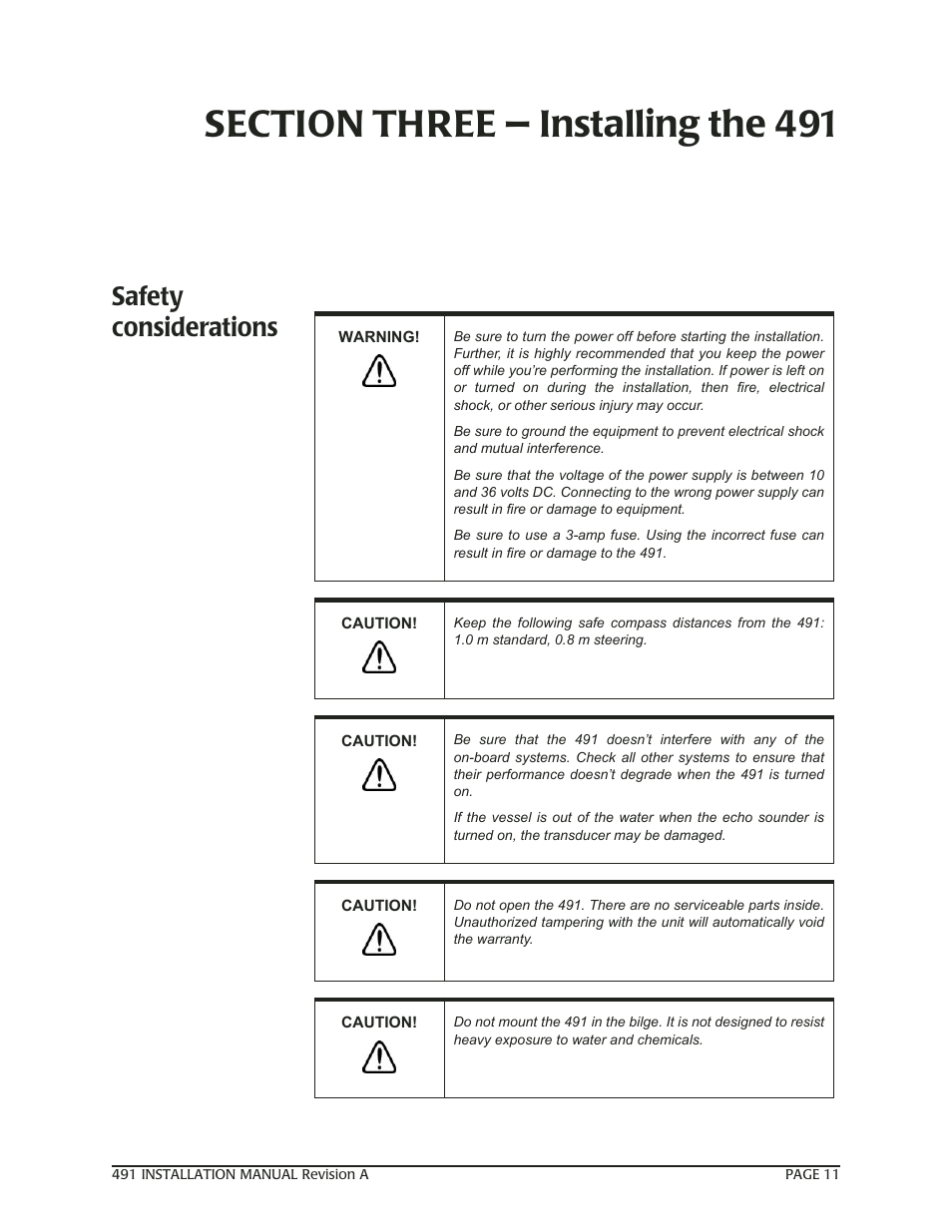 Section three - installing the 491, Safety considerations, Section three — installing the 491 | NorthStar Navigation 491 User Manual | Page 15 / 38
