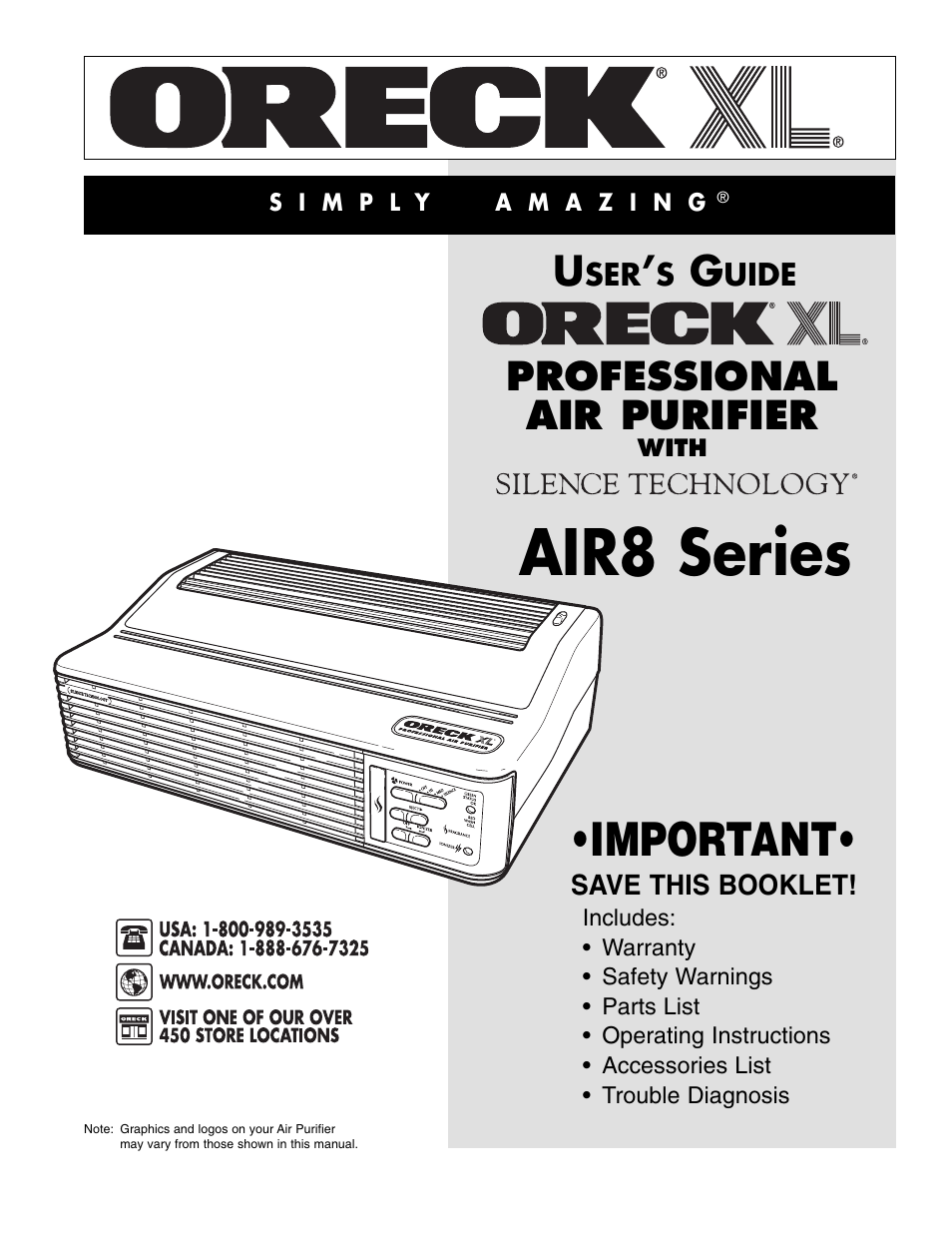Oreck XL Рrofessional air purifier  AIR8 Series User Manual | 8 pages