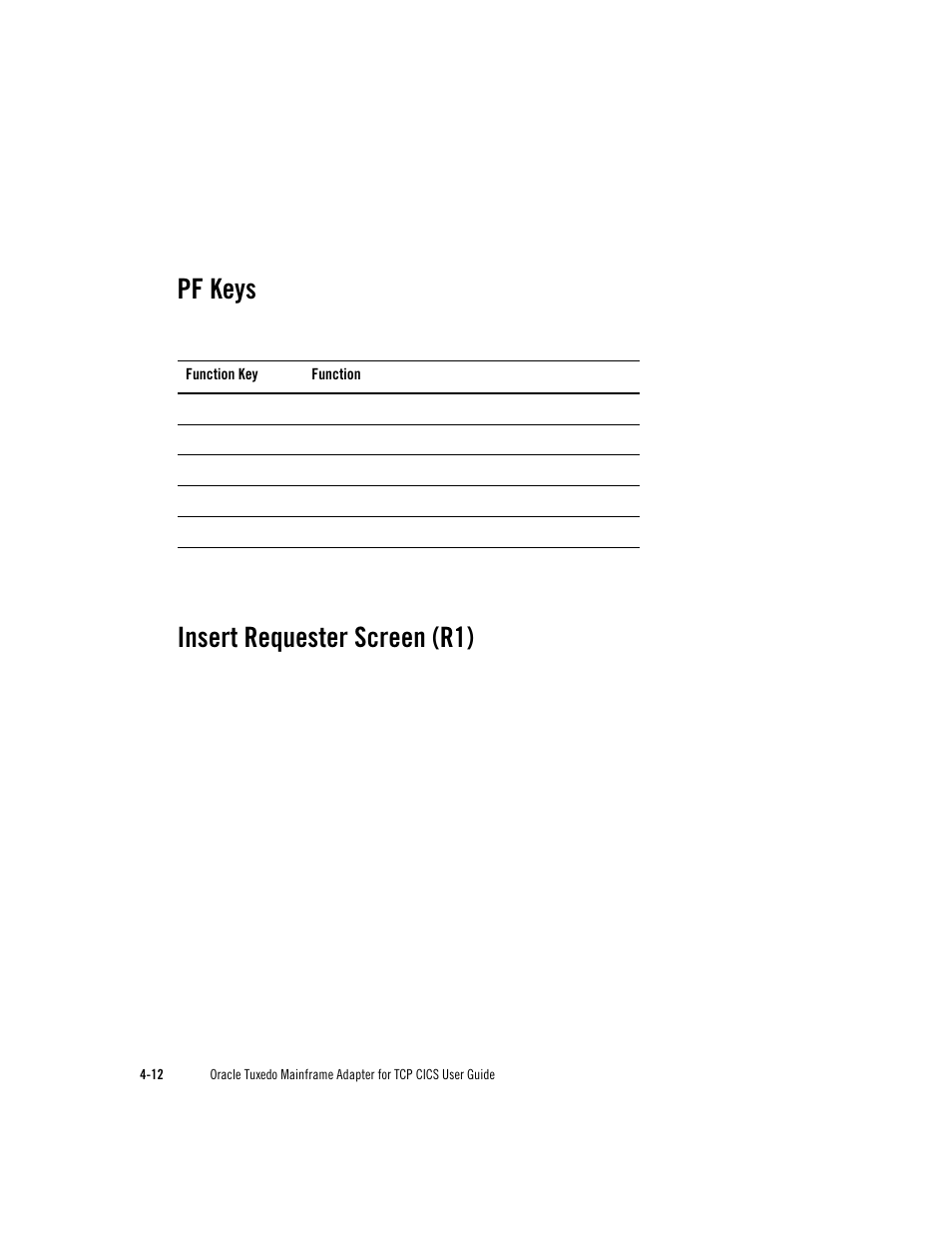 Pf keys, Insert requester screen (r1) | Oracle Audio Technologies Oracle Tuxedo User Manual | Page 46 / 112