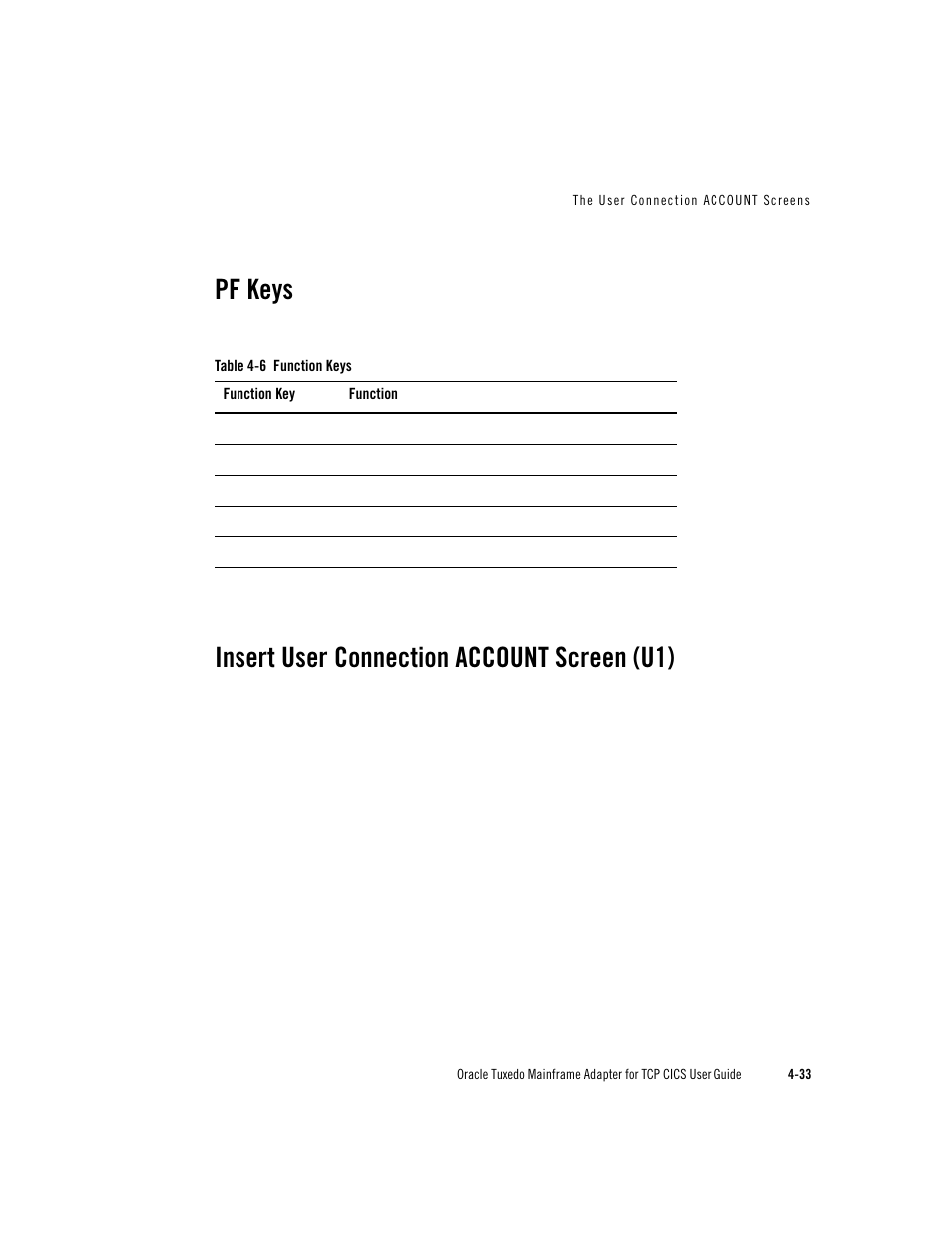 Pf keys, Insert user connection account screen (u1) | Oracle Audio Technologies Oracle Tuxedo User Manual | Page 67 / 112
