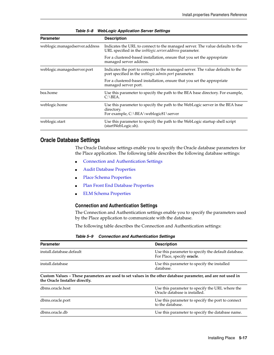 Oracle database settings, Connection and authentication settings | Oracle Audio Technologies Oracle Retail Place 12.2 User Manual | Page 45 / 68
