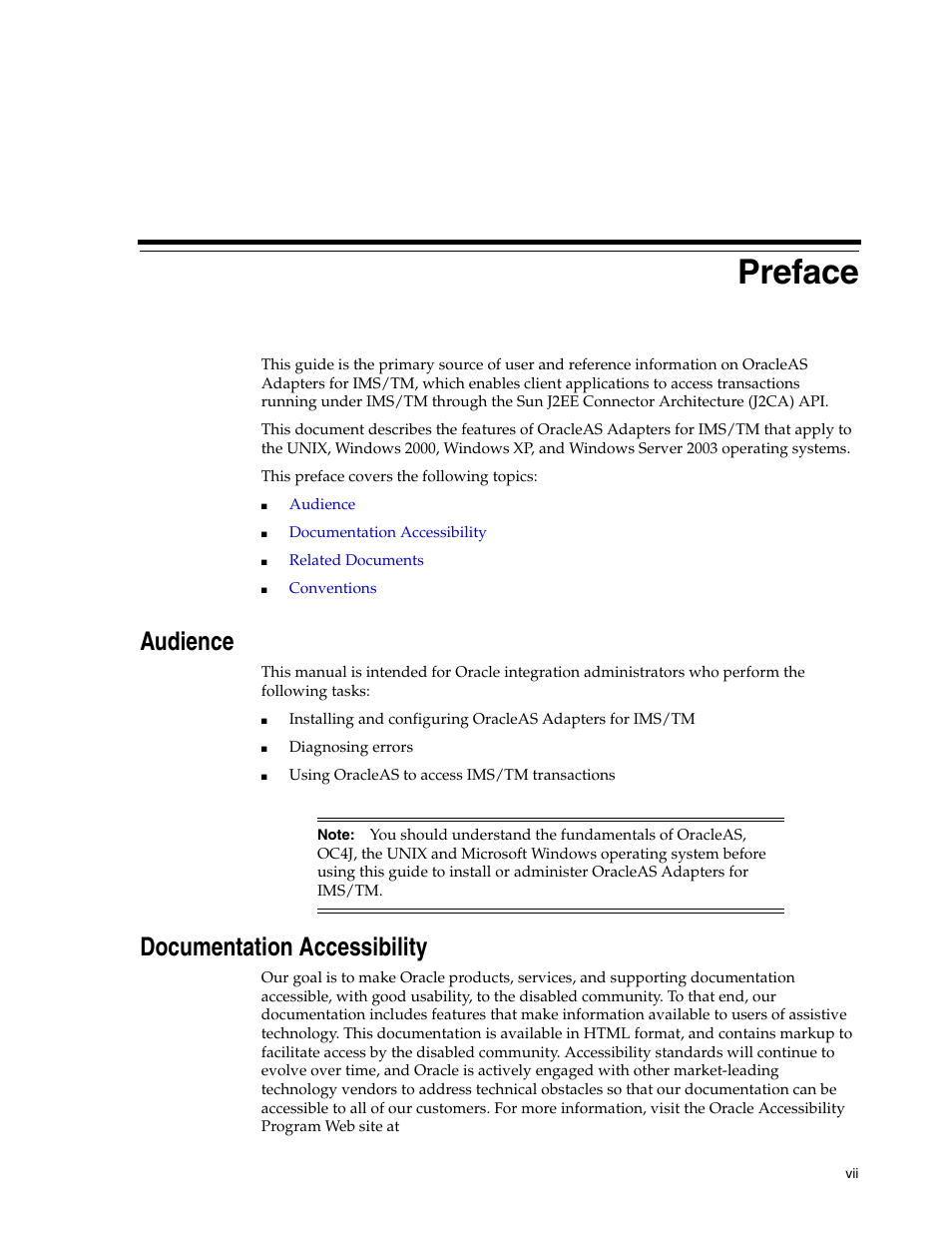 Preface, Audience, Documentation accessibility | Oracle Audio Technologies B31003-01 User Manual | Page 7 / 112