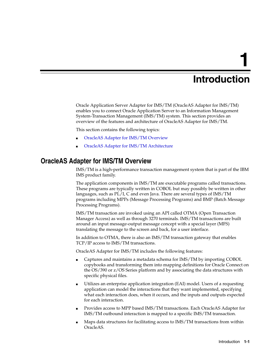 1 introduction, Oracleas adapter for ims/tm overview, Introduction | Oracle Audio Technologies B31003-01 User Manual | Page 9 / 112