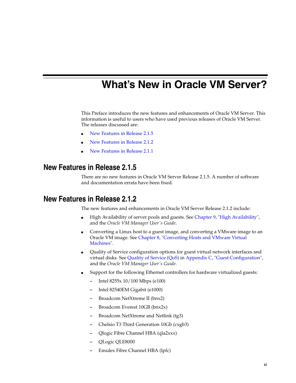 What’s new in oracle vm server, New features in release 2.1.5, New features in release 2.1.2 | Oracle Audio Technologies E10898-02 User Manual | Page 11 / 112