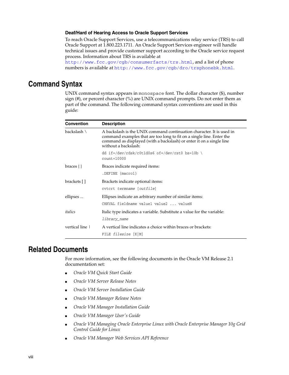 Command syntax, Related documents | Oracle Audio Technologies E10898-02 User Manual | Page 8 / 112