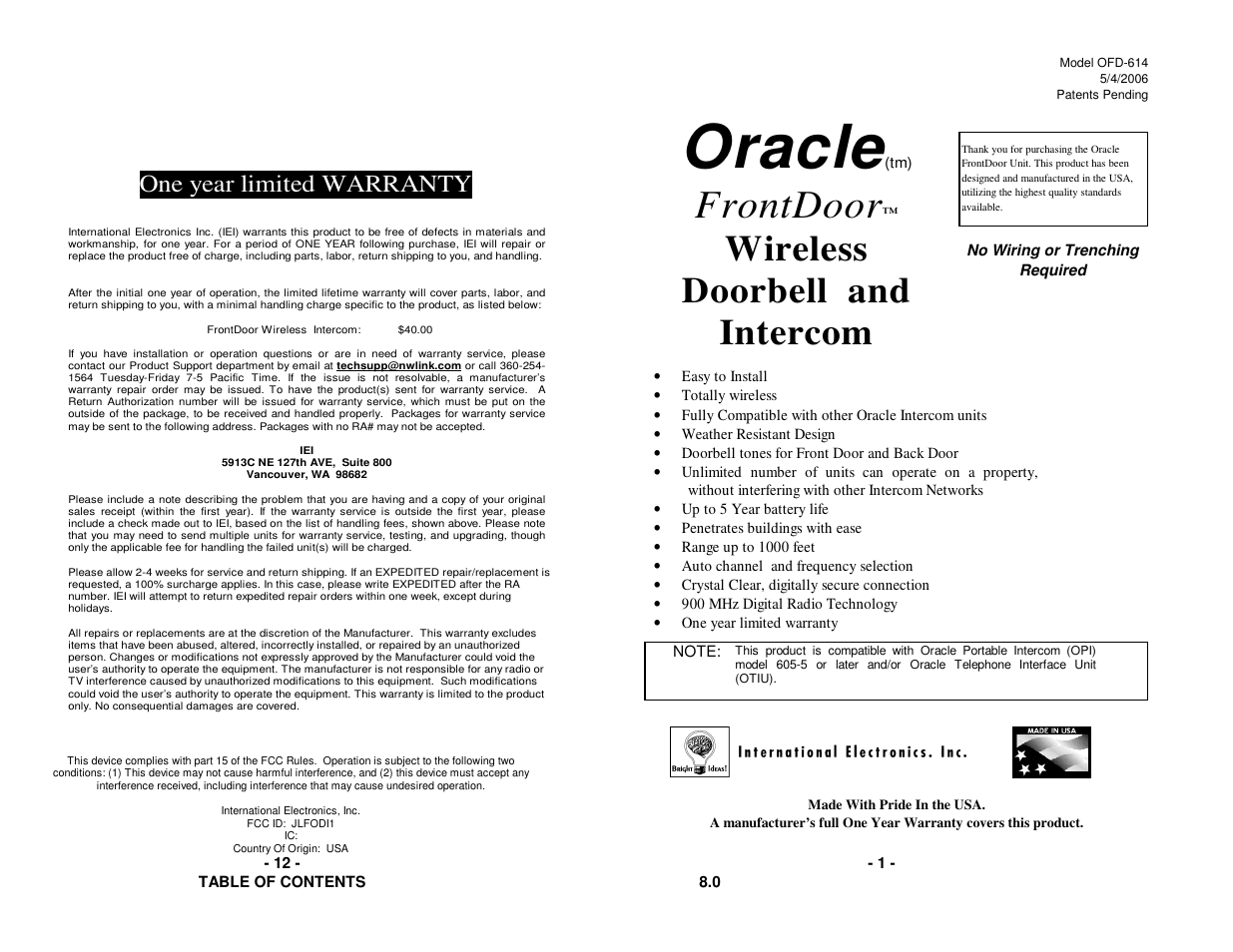 Oracle Audio Technologies FRONTDOOR OFD-614 User Manual | 12 pages