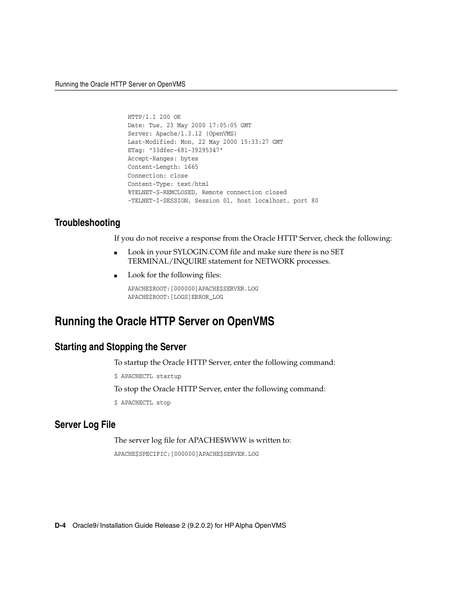 Troubleshooting, Running the oracle http server on openvms, Starting and stopping the server | Server log file | Oracle Audio Technologies ORACLE9I B10508-01 User Manual | Page 150 / 186